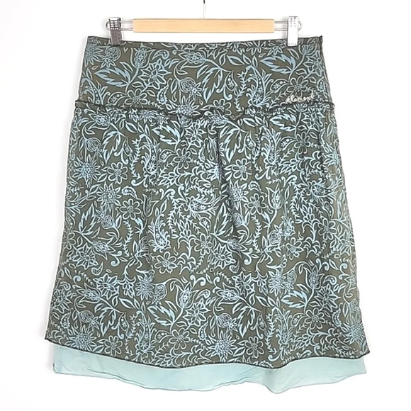 Element Skirt Blue  Floral Print Taupe Lined 100% Cotton Lightweight Size Large - Picture 1 of 11